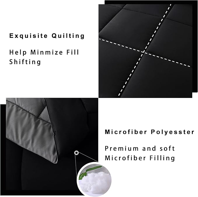 DOWNCOOL Full Size Comforter Sets -All Season Bedding Comforters Sets with 2 Pillow Cases -3 Pieces Bed Set Down Alternative Comforter Set -Black/Grey Bedding Sets Full(82"x86")