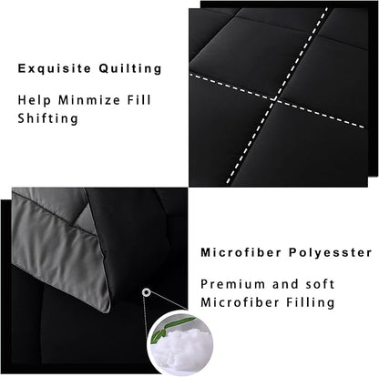 DOWNCOOL King Size Comforter Set -All Season Bedding Comforters Sets with 2 Pillow Cases -3 Pieces Bed Set Down Alternative King Bedding Set -Black/Grey King Comforter Set(102"x90")