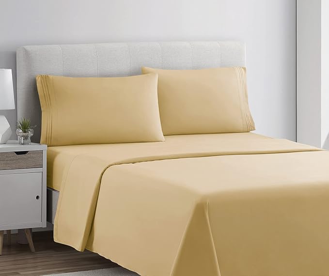 Clara Clark Split King 4Pc Bed Sheets Set, Deep Pocket, Microfiber, Breathable, Fade Resistant, Camel Gold