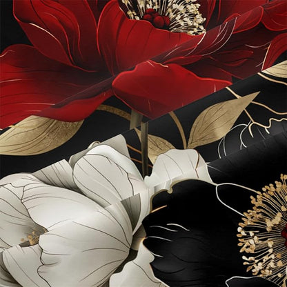 Vintage Floral Comforter Set King Size Red Black White Botanical Flower Bedding Set 3 Piece Gold Leaf Bedding for Women Elegant Flowers Comforters Soft Down Alternative Comforter Sets