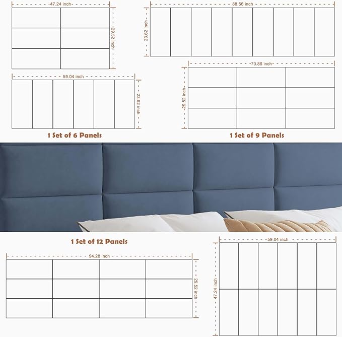 IFNOW Wall Mounted Headboard, Peel and Stick Panels, Navy Blue, Queen | Upholstered 3D Soundproof Acoustic Panels Reusable and Removable Padded Leather Bed Headboard, 9 Panels 9.84" x 23.62"