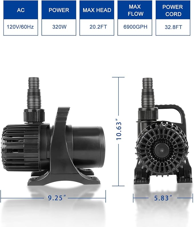 6900 GPH 320W IPX8 Submersible Pond Waterfall Pump | 32.8FT long power cord, smart quiet fountain pump for Koi fish, garden yard patio duck outdoor, with barrier filter bag