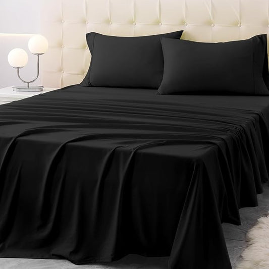 California King Size Bed Sheet Set - 4 Piece Soft Microfiber Sheets with Deep Pockets, Cooling Technology, and Wrinkle-Free Pillowcase. Hotel-Quality, Durable Bedding, Black