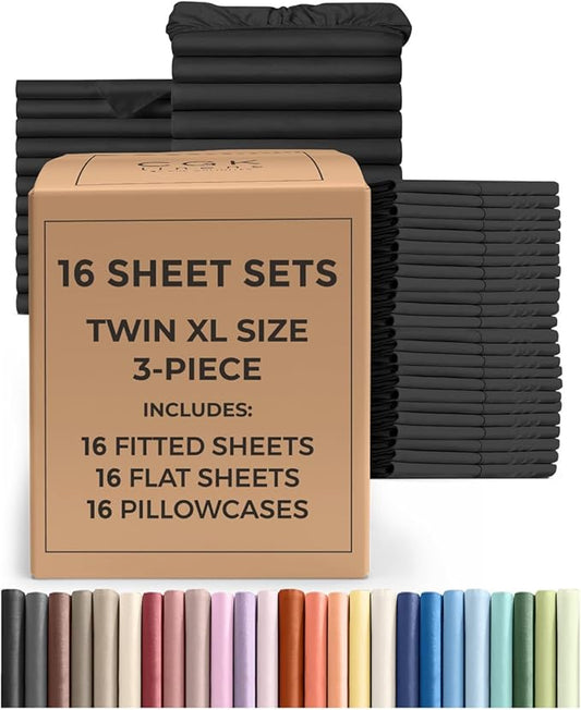 Bulk Case Pack of 16 Sheet Sets - (16) Complete Twin XL Size Sheet Sets w/ Deep Pockets - Wholesale Bulk Bedding for Hotels, Spas & Airbnbs - Breathable, Cooling & Wrinkle Free - (Twin XL, Black)