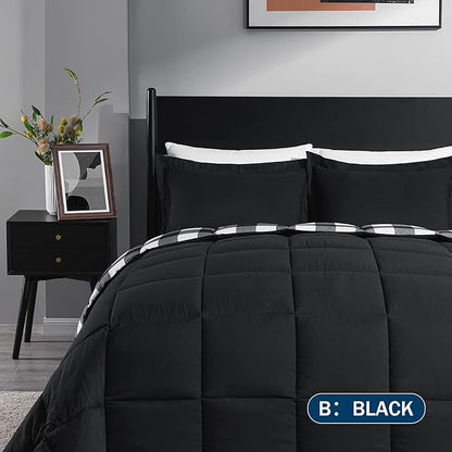 downluxe Lightweight Plaid Comforter Set (Twin) with 1 Pillow Sham - 2-Piece Set - Black/White Plaid - Down Alternative Reversible Comforter