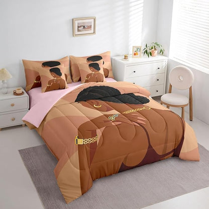 Fashion Black Woman Sheet Set With Comforter Full Size Romantic Makeup Themed Girls 7 Piece Bedding Set Fashionable Gorgeous Comforter Sets Vogue Afro Girls Bed In A Bag For Kids Teens Adult Bedroom