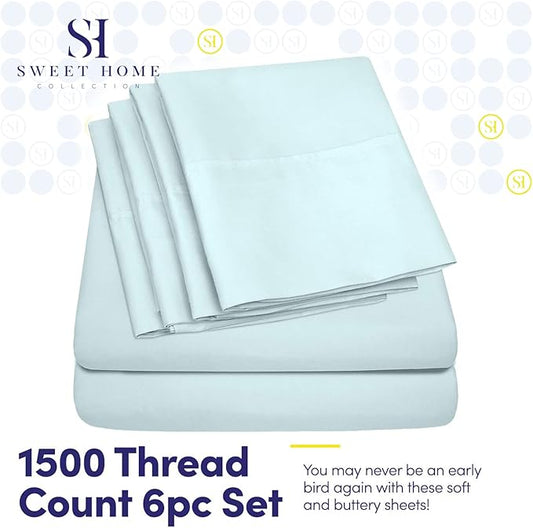Sweet Home Collection 6 Piece 1500 Supreme Collection Brushed Microfiber Deep Pocket Sheet Set-2 Extra Pillow Cases, Great Value, Rv Short Queen, Aqua