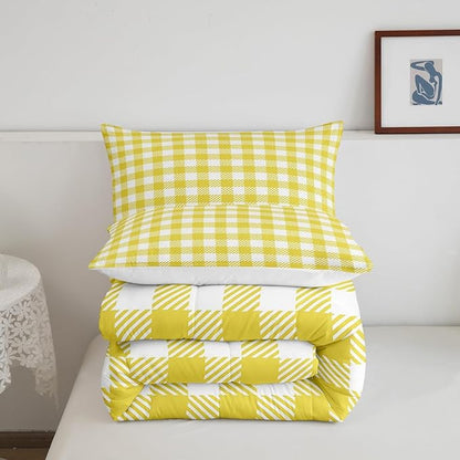 Manfei Yellow Plaid Comforter Set Buffalo Check Plaid Bedding Set Classic Gingham Pattern Bedding Home Decor Yellow White Scottish Comforter Full Size Quilted Duvet Set 1 Comforter with 2 Pillowcase