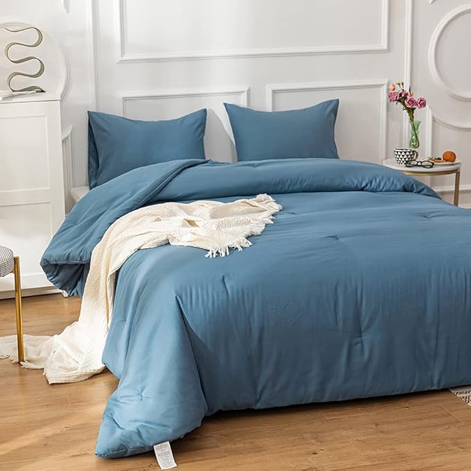 CLOTHKNOW Blue Comforter Set Twin/Twin XL 3Pcs Lake Blue Bedding Comforter Sets Grayish Blue Comforter Twin