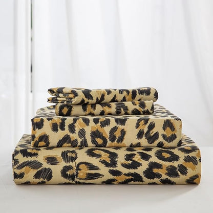 DAUAOTO Twin XL Cotton Sheets Set Printed Bedding Sets, Up to 14" Deep Mattress, Modern Pattern Bedlinen for Twin Extra Long Bed, Leopard Yellow