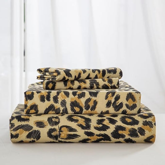 DAUAOTO Twin XL Cotton Sheets Set Printed Bedding Sets, Up to 14" Deep Mattress, Modern Pattern Bedlinen for Twin Extra Long Bed, Leopard Yellow