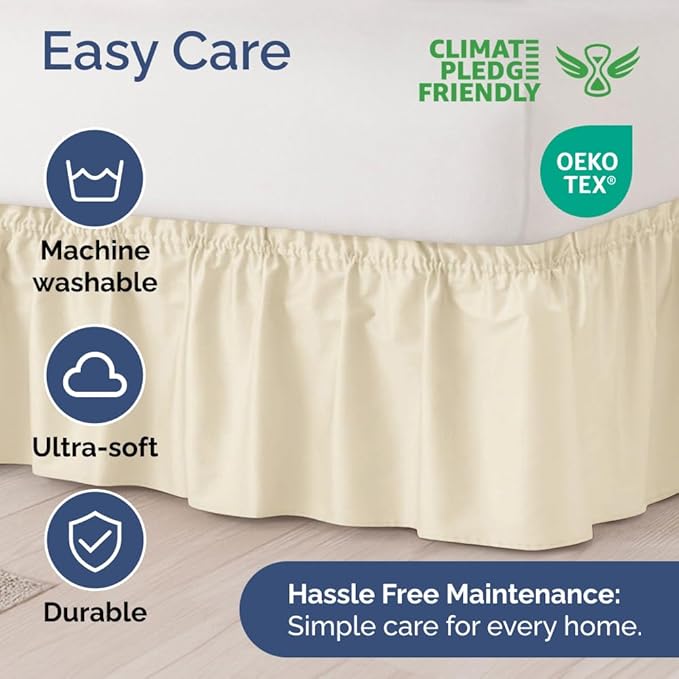 Wrap Around Dust Ruffle Bed Skirt - Off White - for King Size Beds w/ 12 Inch Drop - Easy Fit Elastic Strap - Adjustable Pleated Bedskirt w/Brushed Fabric - Wrinkle Free - Women, Men, Kids & Teens