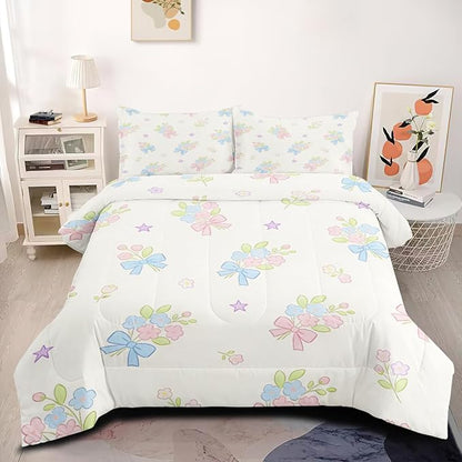 Girls Botanical Flowers Bedding Set Twin Size, 2 Pieces Pink White Floral Comforter Set, 100% Microfiber, Includes 1 Comforter (68" x 90") and 1 Pillowcase