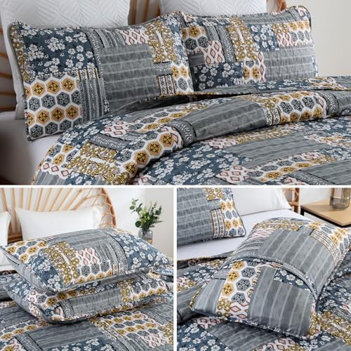 Mybedsoul Boho Quilt King Size, Patchwork Floral Bedding Set, Dark Grey