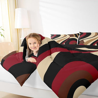 Red Brown Spiral Toddler Comforter for Adult Women Men Modern Swirls Stripes Abstract Bedding Set for Minimalists Boho Aesthetic Geometric Bed Sets Graffiti Art Lines Quilt Duvet Insert
