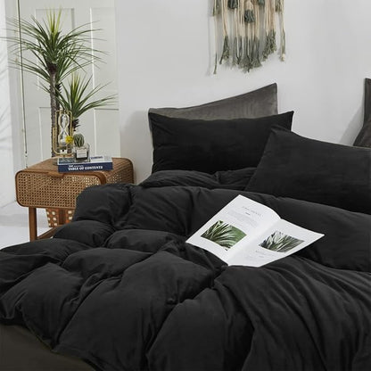 Houseri Velvet Black Comforter Set - Fluffy Comforters, Soft Warm Bedding Sets for Queen Size