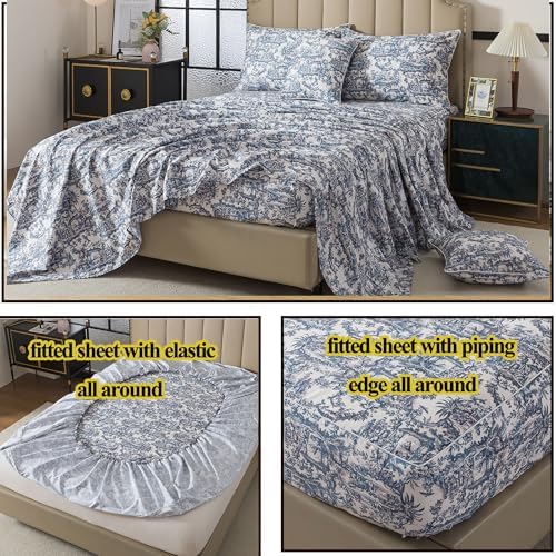 FADFAY Blue Toile Sheets Set Queen French Country Vintage Farmhouse Bedding Exotic Scenic Chinoiserie Floral Bedding 100% Egyptian Cotton Soft Breathable Sheet Set with Deep Pocket Fitted Sheet 4Pcs