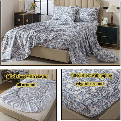FADFAY Blue Toile Sheets Set Cal King French Country Vintage Farmhouse Bedding Exotic Scenic Floral Bedding 100% Egyptian Cotton Soft Sheet Set with Deep Pocket Fitted Sheet 4Pc, California King Size