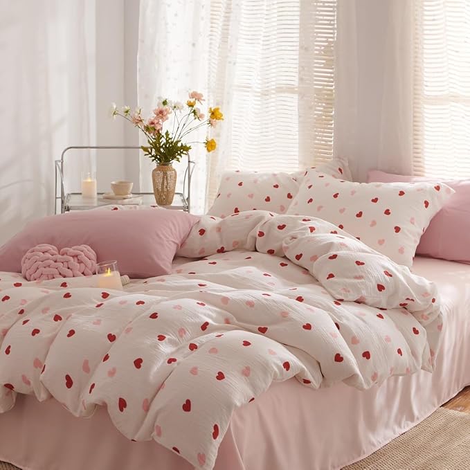 Girls Comforter Set Full Size - 3 Pieces Red Pink Heart Comforter Bedding Sets for Kids,Full Bed in a Bag with Heart Comforter and 2 Pillowcases
