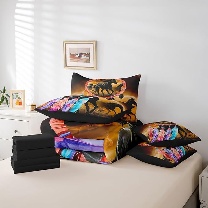 Erosebridal Horse Comforter Set 7 Piece Bed in a Bag Twin,Dream Catchers Feather Bedding Sets Western Animals Sheet Set with Comforter