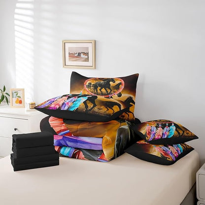Erosebridal Horse Comforter Set 7 Piece Bed in a Bag Twin,Dream Catchers Feather Bedding Sets Western Animals Sheet Set with Comforter