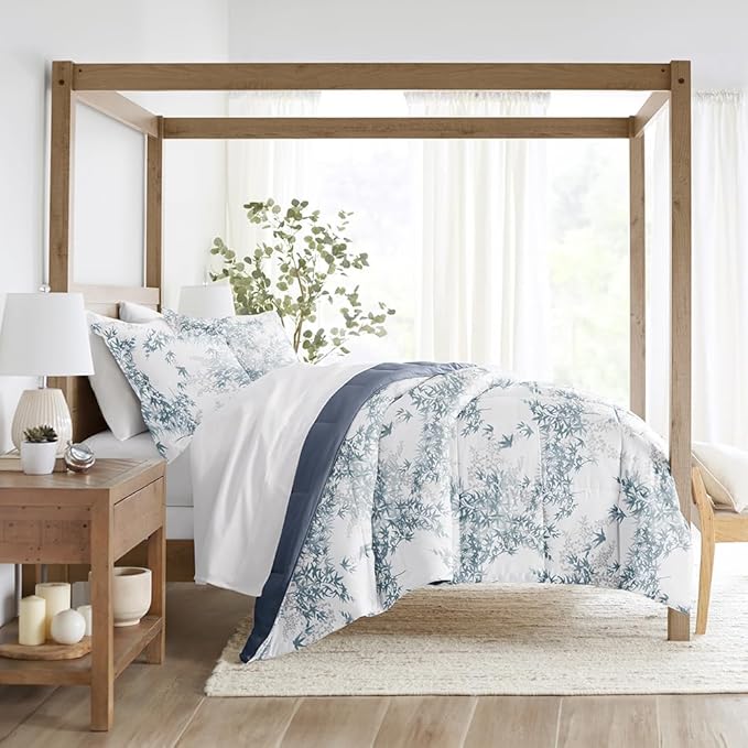 LINENS & HUTCH Comforter Set Patterned Microfiber All Season Down-Alternative Ultra Soft Bedding in Bamboo Leaves Blue - King/Cal-King Bamboo Leaves Blue Stone