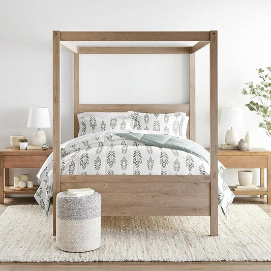 LINENS & HUTCH Comforter Set Patterned Microfiber All Season Down-Alternative Ultra Soft Bedding in Folk Leaves - Full/Queen Folk Leaves Eucalyptus