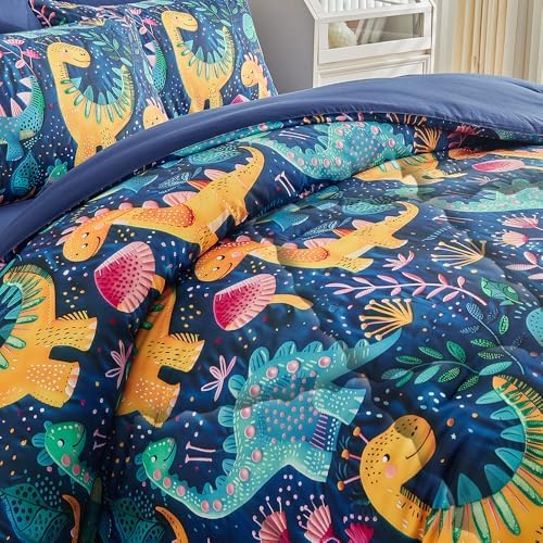 Wajade 7 Piece Dinosaur Comforter Set for Boys 3D Blue Dinosaur Print Bedding Set for Kids Teens Bed in A Bag Twin Size (1 Comforter, 1 Flat Sheet, 1 Fitted Sheet, 2 Pillowcase and 2 Pillow Sham)