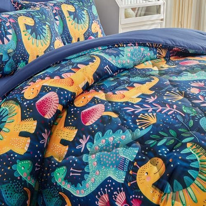 Wajade 7 Piece Dinosaur Comforter Set for Boys 3D Blue Dinosaur Print Bedding Set for Kids Teens Bed in A Bag Twin Size (1 Comforter, 1 Flat Sheet, 1 Fitted Sheet, 2 Pillowcase and 2 Pillow Sham)