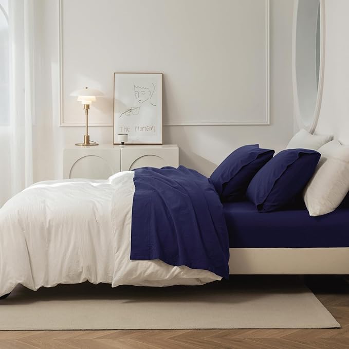 JIYUAN King Size Sheet Set, 4-Piece - 100% Washed Cotton, Linen-Like Soft & Breathable, Includes Deep Pocket Fitted & Flat Sheet with 2 Pillowcases, Hotel Quality, Solid Navy Blue