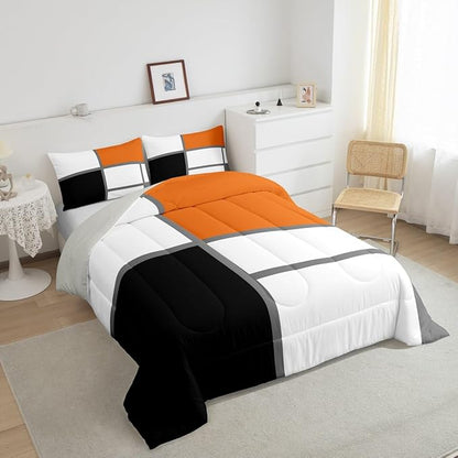 Erosebridal Geometric Abstract King Bedding Set Blue and White Striped Comforter Set for Adult Women Men Square Grid Bed Collections Modern Art Patchwork Duvet Quilt Sets for Minimalist