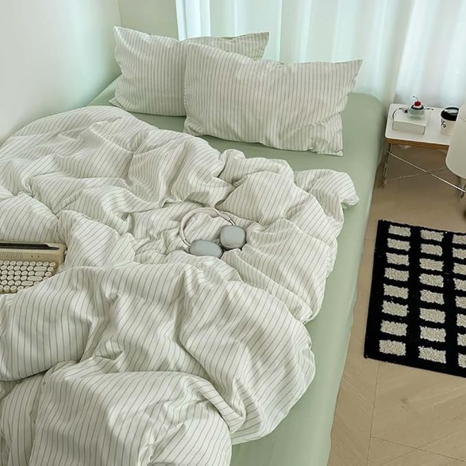 Nayoroom Green Striped Duvet Cover Queen Size 100% Washed Cotton Duvet Cover Linen Like Textured, Reversible 3 Pieces Soft Breathable Yarn-Dyed Stripe Girls Dorm Bedding Set for All Seasons