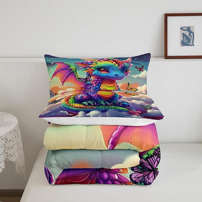 Castle Fairy Colorful Dragon Bedding Set King Size Fancy Western Animal Comforter Set for Girls Boys Teens Room Decor Wild Butterfly Down Comforter Sunny Sky Clouds Quilt Set with 2 Pillowcases