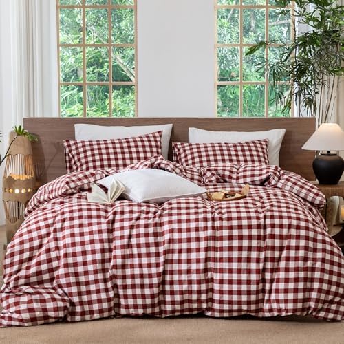 MooMee Gingham Duvet Cover Set 100% Washed Cotton Linen Like