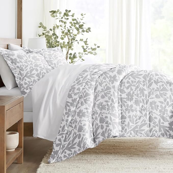 LINENS & HUTCH Comforter Set Patterned Microfiber All Season Down-Alternative Ultra Soft Bedding in Abstract Garden - Full/Queen Abstract Garden Light Gray