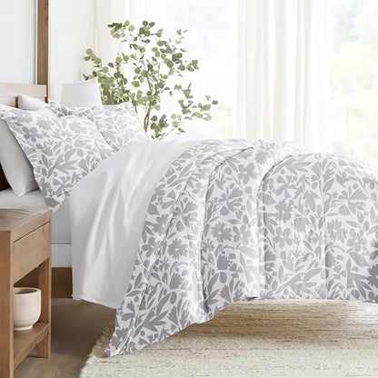 LINENS & HUTCH Comforter Set Patterned Microfiber All Season Down-Alternative Ultra Soft Bedding in Abstract Garden - Full/Queen Abstract Garden Light Gray