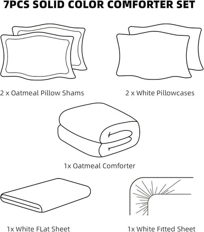 weigelia Queen Comforter Set 7 Pieces Oatmeal Comforters Queen Size Soft Fluffy Bedding Comforter Set with Fitted Sheets, Flat Sheets, Pillow Shams, and Pillowcases