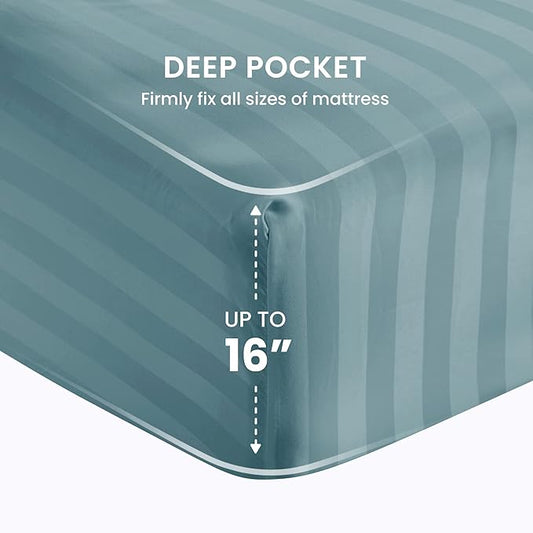 SLEEP ZONE Striped Cooling Sheets Set King Size - Fitted Flat Sheet & Pillowcase Sets 4 Piece - Super Soft Stripe Bed Sheet, Easy Care, Deep Pocket (Flint Blue, King)