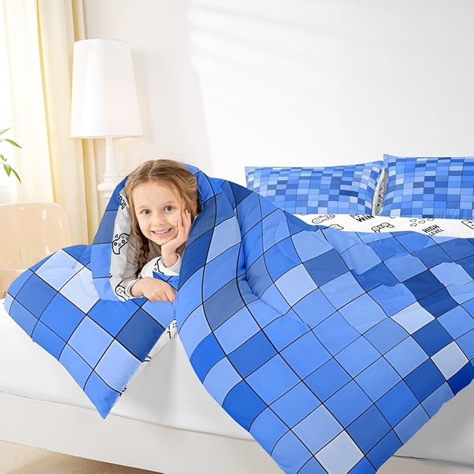 Pixel Grid Miners Comforter Set King Size,Video Games Plaid Lattice Kids Bedding Set,Geometric Check Quilt Comforter,Light Blue Duvet Insert,2 Pillowcases