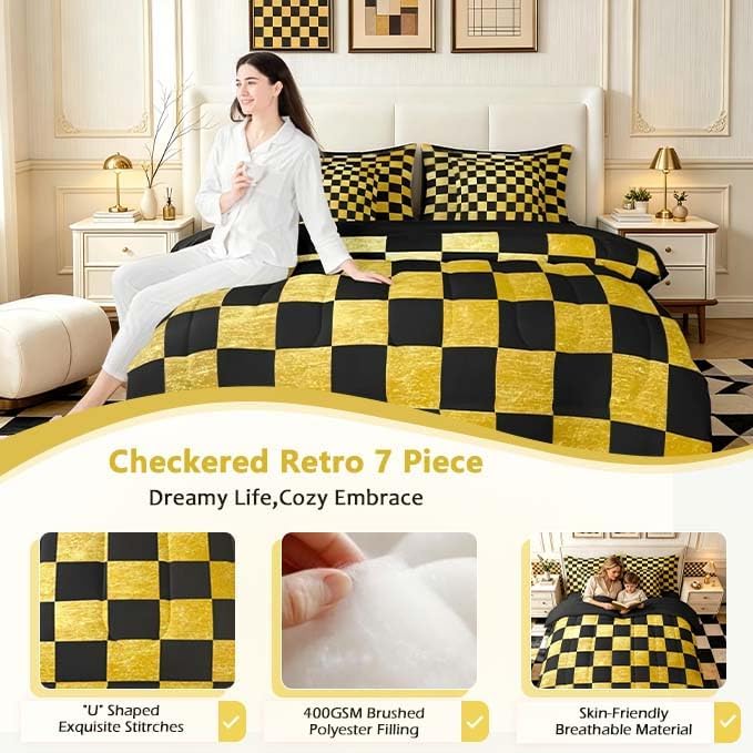 Checkered Retro Comforter Set With Sheets 7 Piece King Size Golden Black Plaid Bed in a Bag Kids Boys Girls Geometric Vintage Bedding Set Modern Simple Groovy Aesthetic Bedroom Decor Breathable Soft