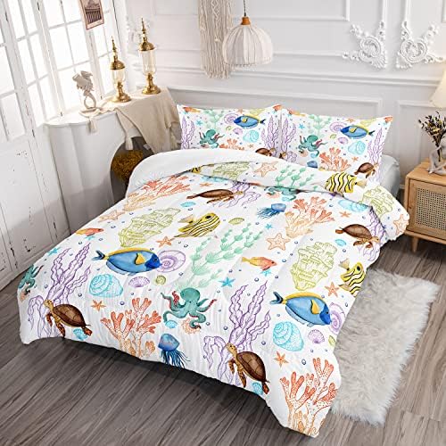 Turtle Comforter Set Full Ocean Watercolor Sea Turtle Bedding Set Tropical Fish Marine Life Bed Set with 2 Pillowcases for Kids Room Decor