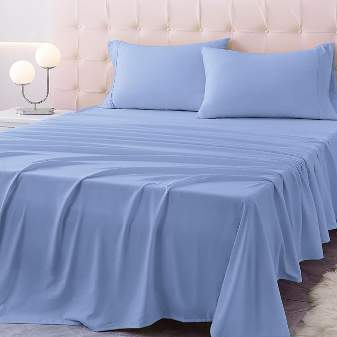 King Size Bed Sheet Set - 4 Piece Soft Microfiber Sheets with Deep Pockets, Cooling Technology, and Wrinkle-Free Pillowcase. Hotel-Quality, Durable Bedding, Chambray Blue