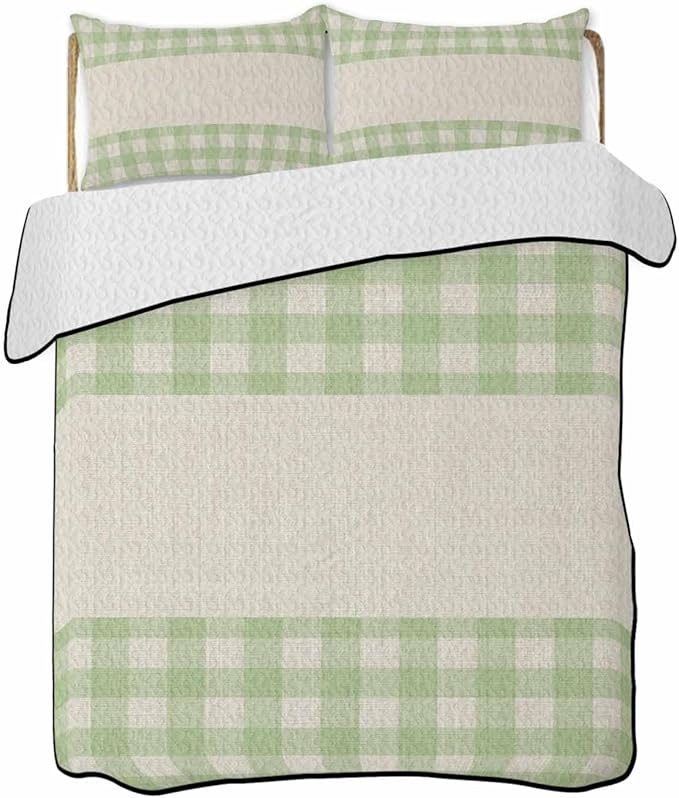 Quilts Queen Size, Retro Green Soft Comforter Bedding Set for Bed, Farmhouse Buffalo Plaid Vintage Beige Lightweight Quilted Bedspread with Pillow Cover(2 Pieces) for All Season, 90x96 Inch