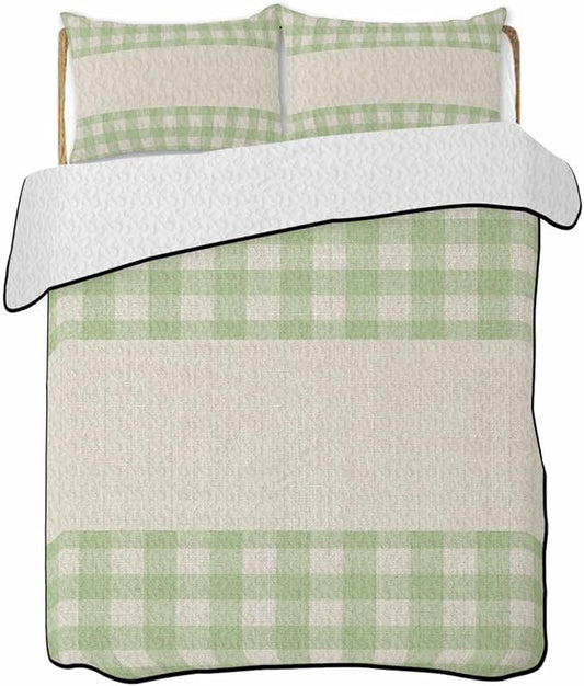 Twin Quilt Bedding Set, Retro Green Lightweight Summer Quilt 3 Pieces Bedding Sets, Farmhouse Buffalo Plaid Vintage Beige Reversible Soft Bedspreads Coverlets with 2 Pillow Shams for All Season