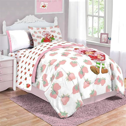 Jay Franco Strawberry Shortcake Queen Comforter Set - 7 Piece Bedding Includes Sheet Set & Pillow Covers - Super Soft Pink & White Kids Bedding