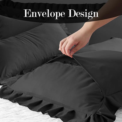 Ruffled Body Pillow Pillowcases Set of 2 – Soft Wrinkle Resistant Brushed Microfiber Body Pillowcases –Envelope Pillow Shams Festive Gift for Hotels, Guest Rooms 20x54 Inch (Black)