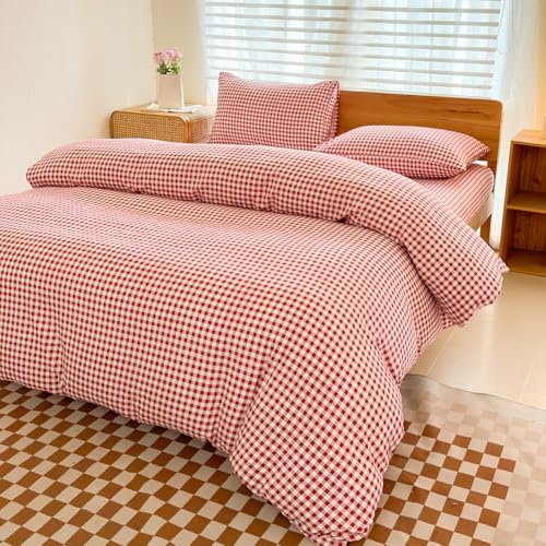 NSNLGSGC Red Gingham Duvet Cover Set, Queen