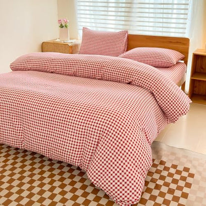NSNLGSGC Red Gingham Duvet Cover Set, Queen