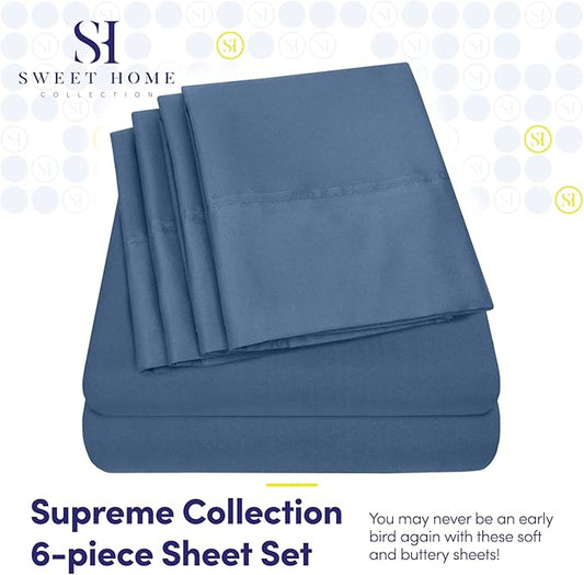 Queen Sheets Denim - 6 Piece 1500 Supreme Collection Fine Brushed Microfiber Deep Pocket Queen Sheet Set Bedding - 2 Extra Pillow Cases, Great Value, Queen, Denim