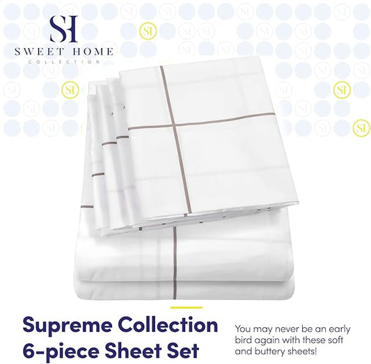 Queen Sheets Window Pane White - 6 Piece 1500 Supreme Collection Fine Brushed Microfiber Deep Pocket Queen Sheet Set Bedding - 2 Extra Pillow Cases, Great Value, Queen, Window Pane White